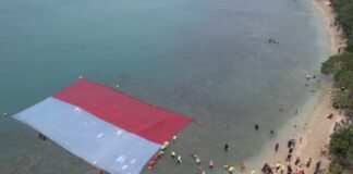 Merah Putih Membentang di Selat Sunda, 25 Tukik Dilepas dan 500 Terumbu Karang Ditanam Bendera Merah Putih Selat Sunda