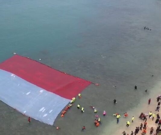 Merah Putih Membentang di Selat Sunda, 25 Tukik Dilepas dan 500 Terumbu Karang Ditanam Bendera Merah Putih Selat Sunda